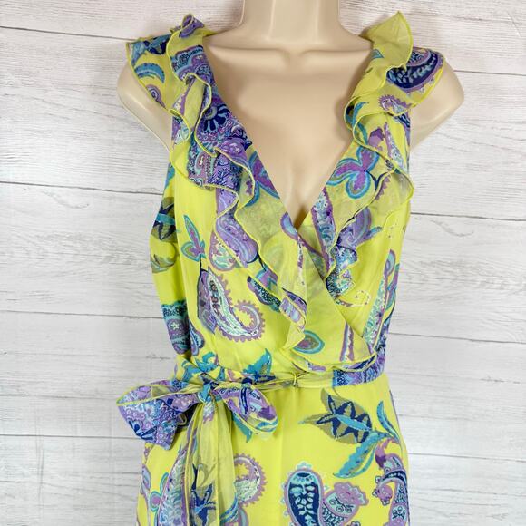 VTG Jonathan Martin Y2k size 6 yellow blue ruffle babydoll wrap dress coquette - Picture 7 of 12